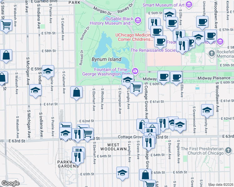 map of restaurants, bars, coffee shops, grocery stores, and more near 607 East 60th Street in Chicago