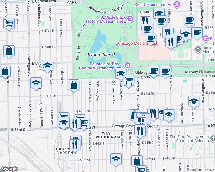 map of restaurants, bars, coffee shops, grocery stores, and more near 607 East 60th Street in Chicago