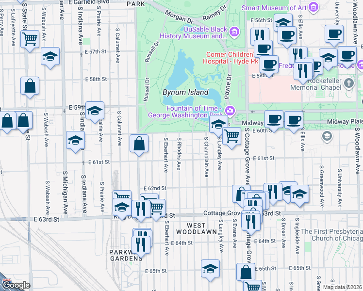map of restaurants, bars, coffee shops, grocery stores, and more near 539 East 60th Street in Chicago