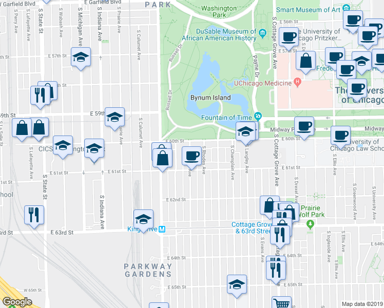 map of restaurants, bars, coffee shops, grocery stores, and more near 6006 South Eberhart Avenue in Chicago