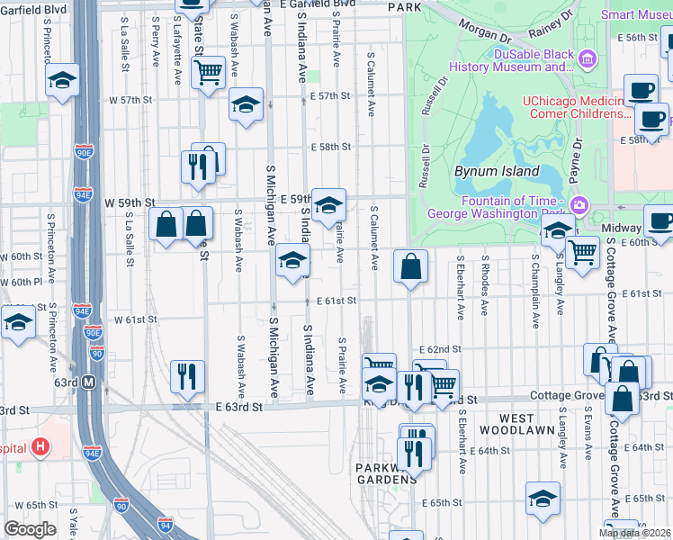 map of restaurants, bars, coffee shops, grocery stores, and more near 2275 East 60th Street in Chicago