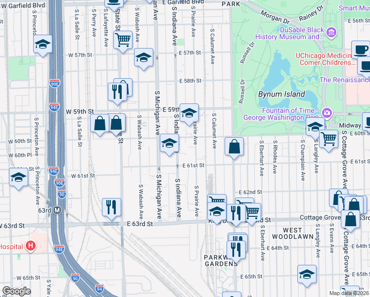 map of restaurants, bars, coffee shops, grocery stores, and more near 2275 East 60th Street in Chicago