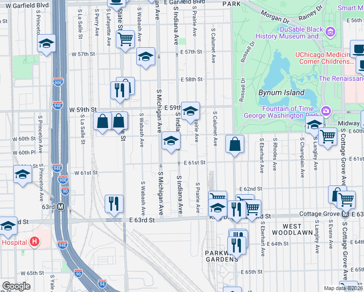 map of restaurants, bars, coffee shops, grocery stores, and more near 6000 South Indiana Avenue in Chicago
