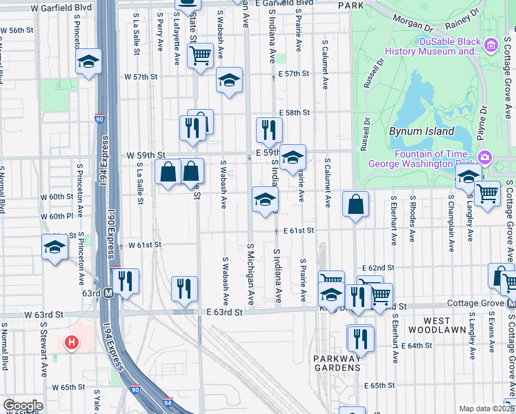 map of restaurants, bars, coffee shops, grocery stores, and more near 6000 South Indiana Avenue in Chicago