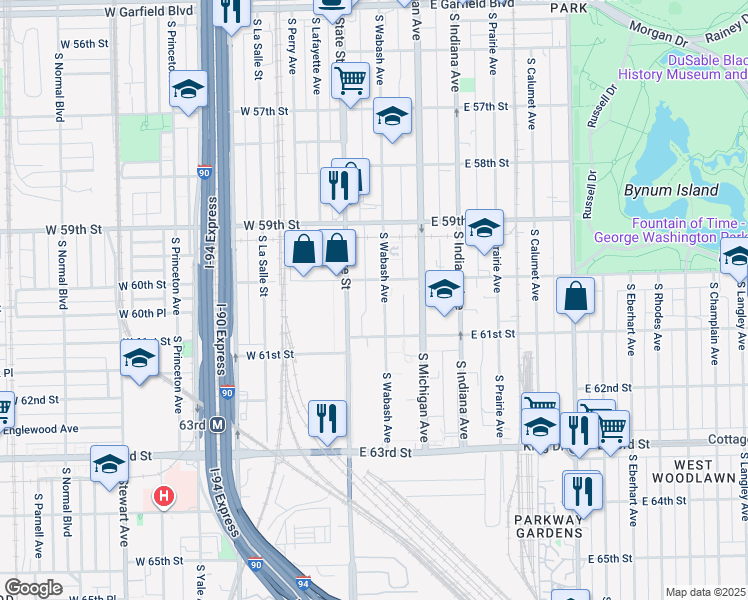 map of restaurants, bars, coffee shops, grocery stores, and more near 6000 South Wabash Avenue in Chicago