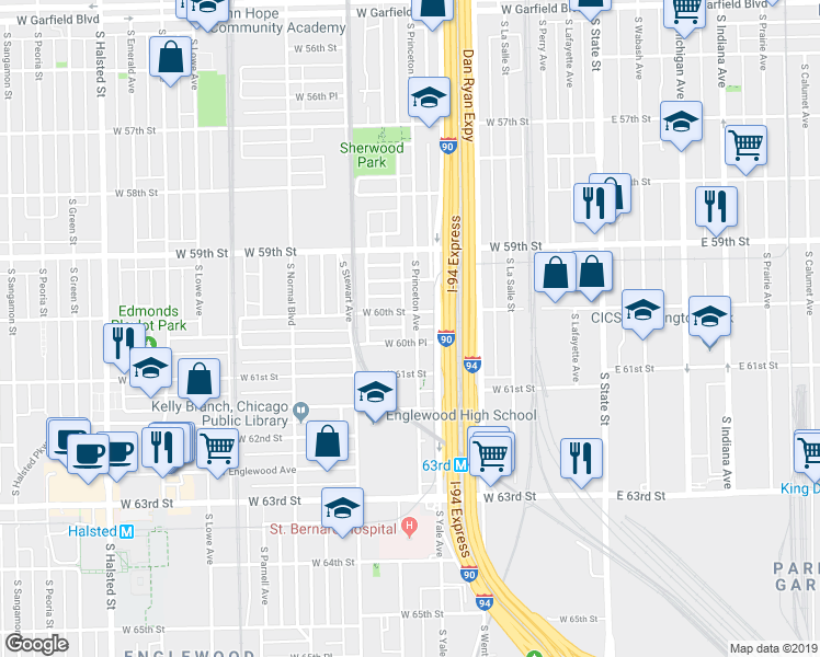 map of restaurants, bars, coffee shops, grocery stores, and more near 5956 South Princeton Avenue in Chicago