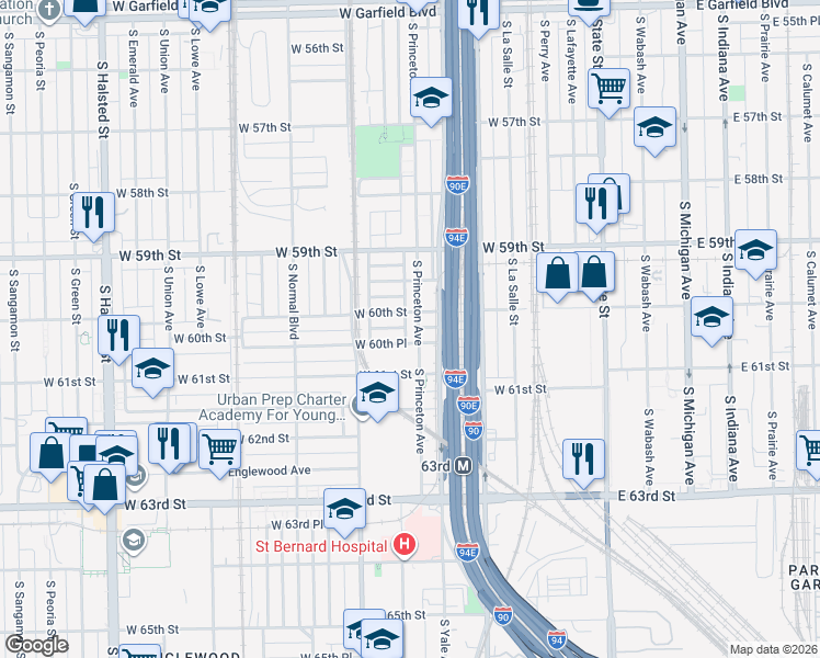 map of restaurants, bars, coffee shops, grocery stores, and more near 5956 South Princeton Avenue in Chicago