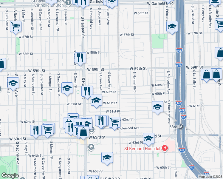 map of restaurants, bars, coffee shops, grocery stores, and more near 5944 South Wallace Avenue in Chicago