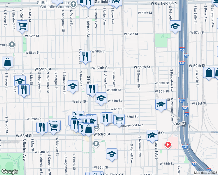 map of restaurants, bars, coffee shops, grocery stores, and more near 5953 South Union Avenue in Chicago