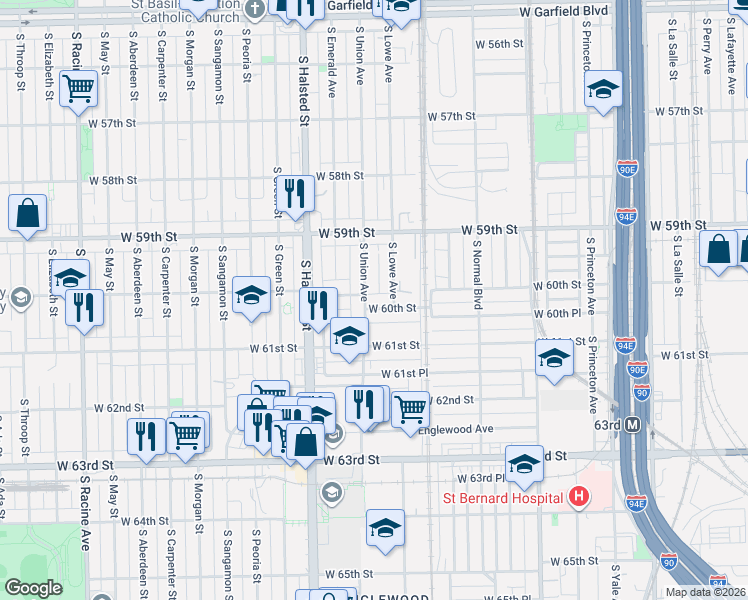 map of restaurants, bars, coffee shops, grocery stores, and more near 5953 South Union Avenue in Chicago