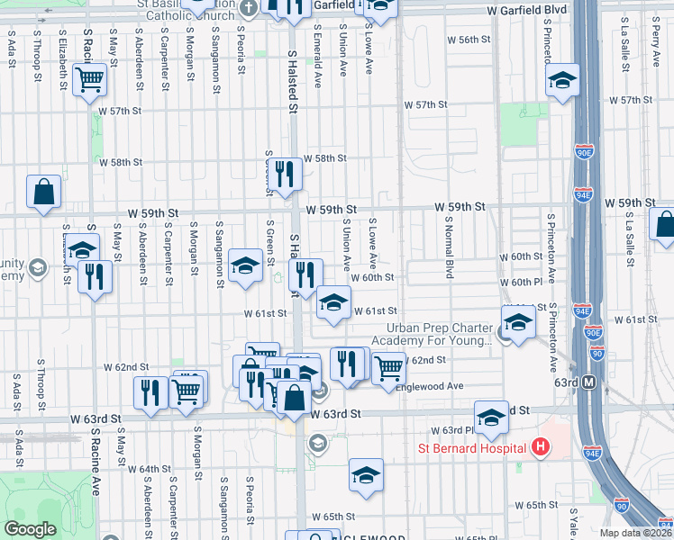 map of restaurants, bars, coffee shops, grocery stores, and more near 5949 South Emerald Avenue in Chicago