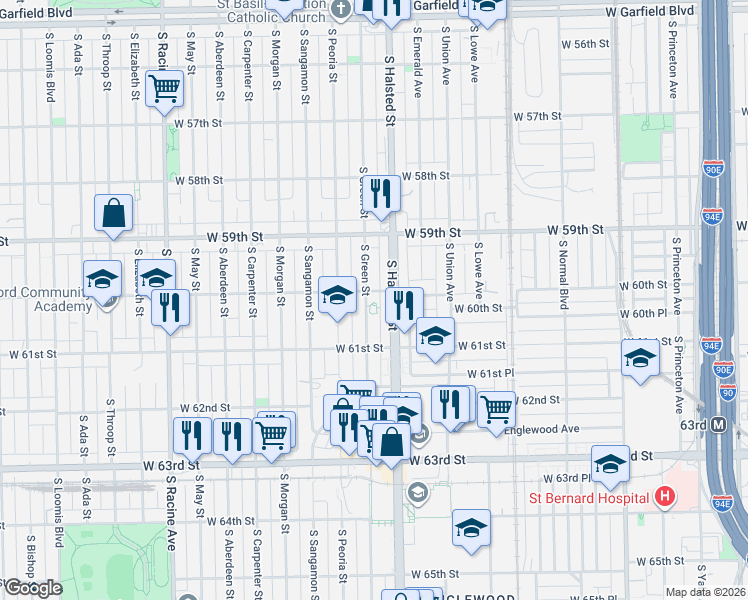 map of restaurants, bars, coffee shops, grocery stores, and more near 5952 South Green Street in Chicago