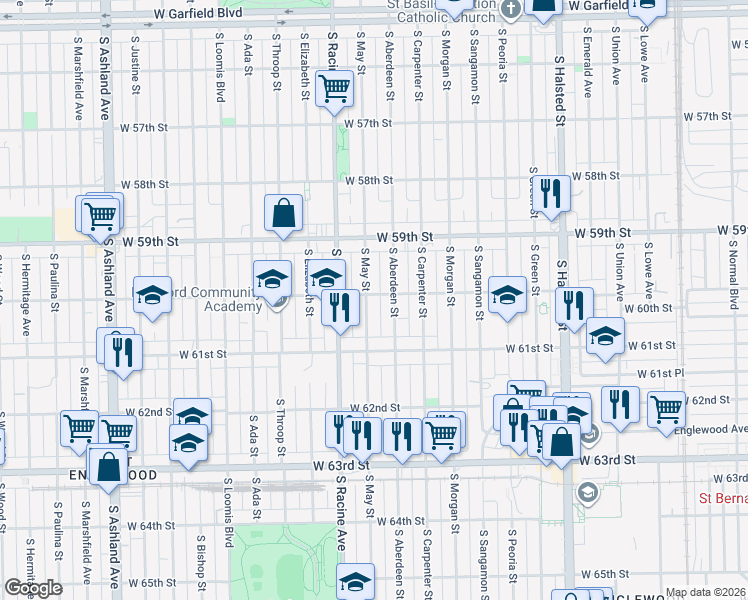 map of restaurants, bars, coffee shops, grocery stores, and more near 5950 South Aberdeen Street in Chicago