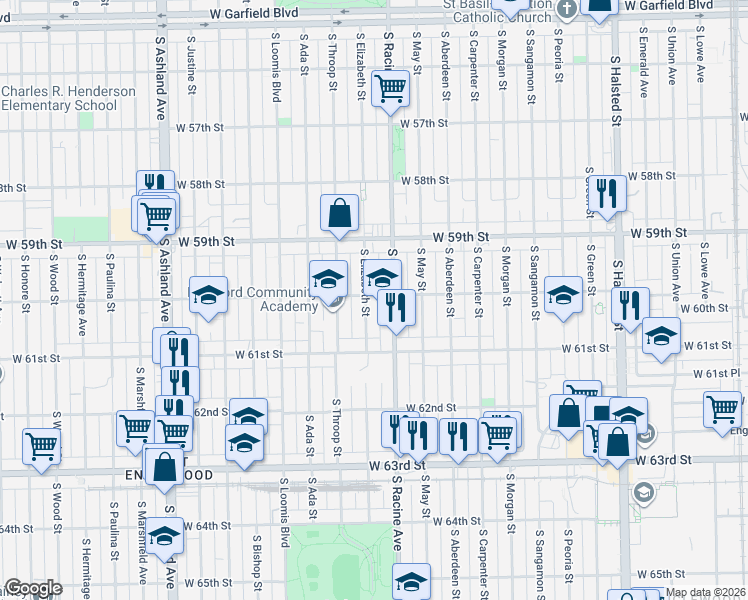 map of restaurants, bars, coffee shops, grocery stores, and more near 5949 South Elizabeth Street in Chicago