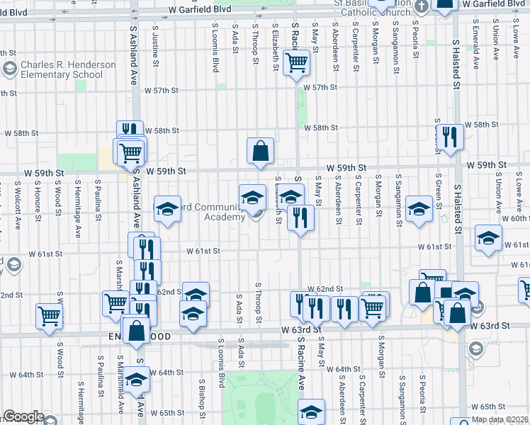 map of restaurants, bars, coffee shops, grocery stores, and more near 5945 South Throop Street in Chicago