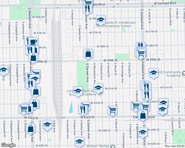 map of restaurants, bars, coffee shops, grocery stores, and more near 5937 South Damen Avenue in Chicago
