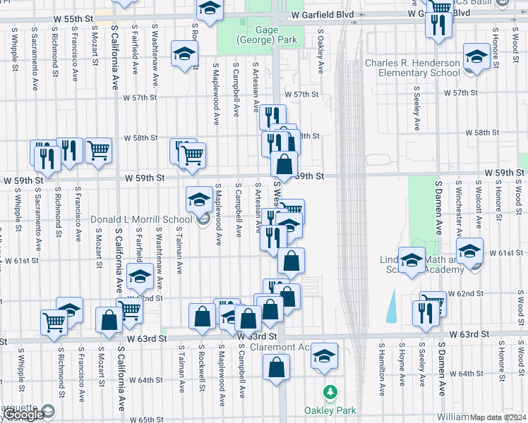 map of restaurants, bars, coffee shops, grocery stores, and more near 5936 South Western Avenue in Chicago