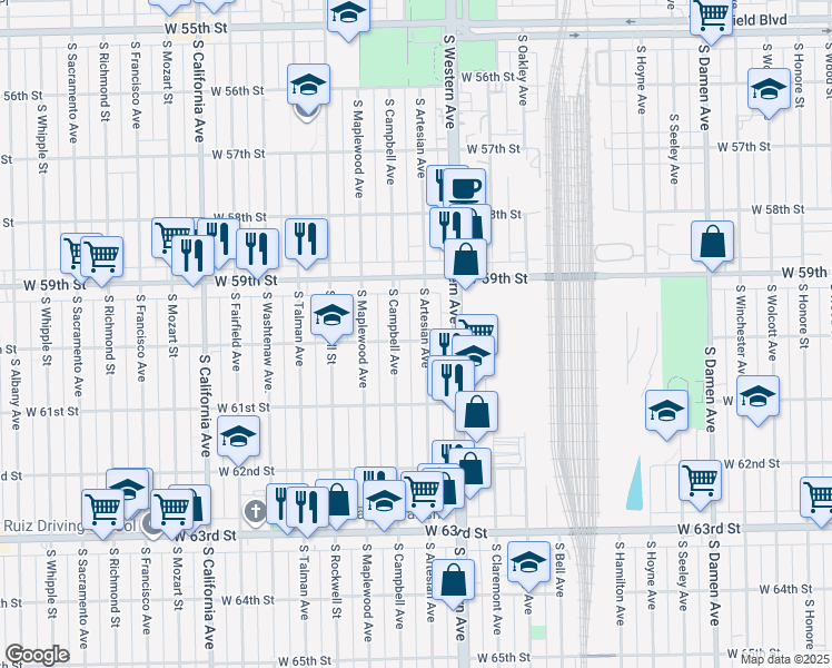 map of restaurants, bars, coffee shops, grocery stores, and more near 5932 South Artesian Avenue in Chicago
