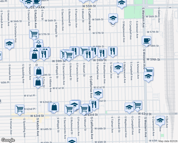 map of restaurants, bars, coffee shops, grocery stores, and more near 5931 South Mozart Street in Chicago