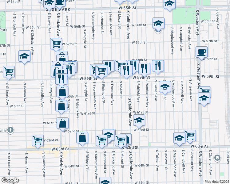 map of restaurants, bars, coffee shops, grocery stores, and more near 5927 South Francisco Avenue in Chicago