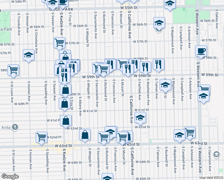map of restaurants, bars, coffee shops, grocery stores, and more near 5927 South Francisco Avenue in Chicago