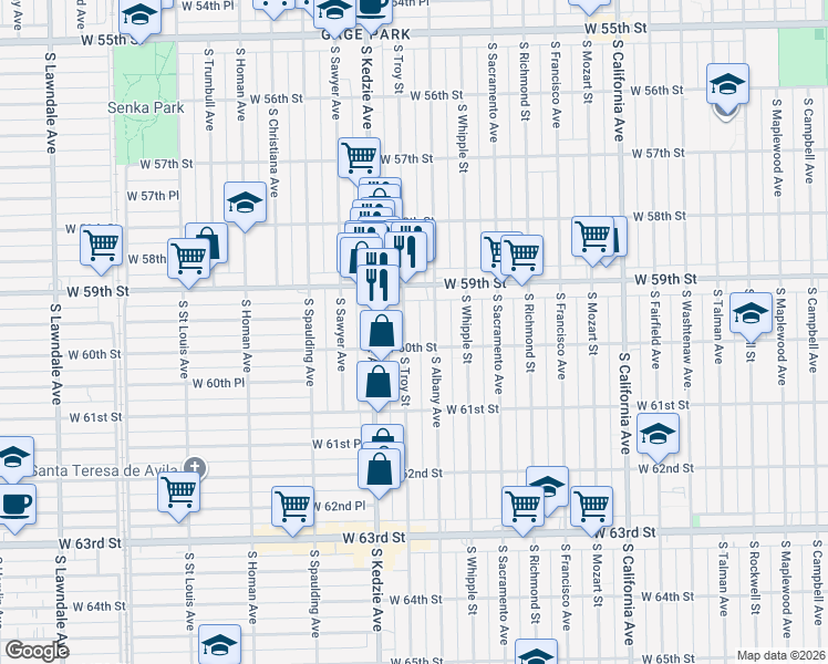 map of restaurants, bars, coffee shops, grocery stores, and more near 5925 South Troy Street in Chicago