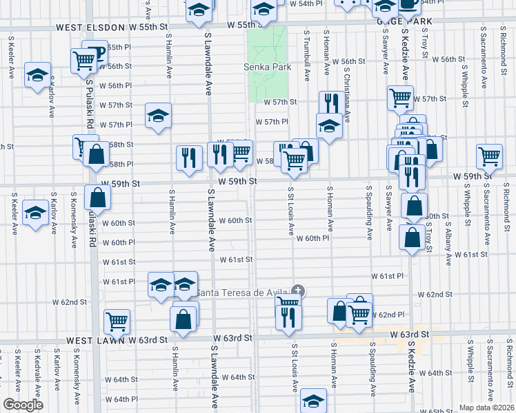 map of restaurants, bars, coffee shops, grocery stores, and more near 3548 West 59th Place in Chicago