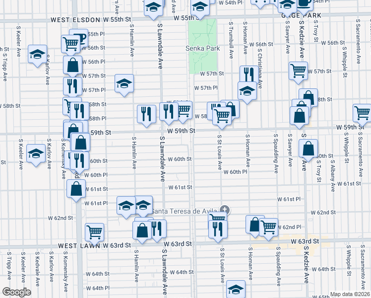 map of restaurants, bars, coffee shops, grocery stores, and more near 3618 West 59th Place in Chicago