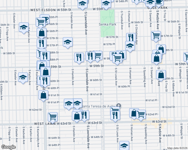 map of restaurants, bars, coffee shops, grocery stores, and more near 3618 West 59th Place in Chicago