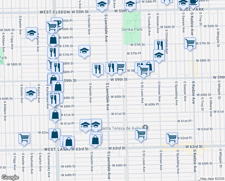 map of restaurants, bars, coffee shops, grocery stores, and more near 3656 West 59th Place in Chicago