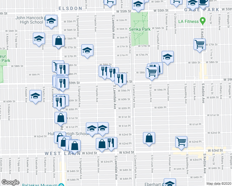 map of restaurants, bars, coffee shops, grocery stores, and more near 3656 West 59th Place in Chicago