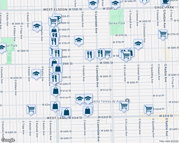 map of restaurants, bars, coffee shops, grocery stores, and more near 3732 West 59th Place in Chicago