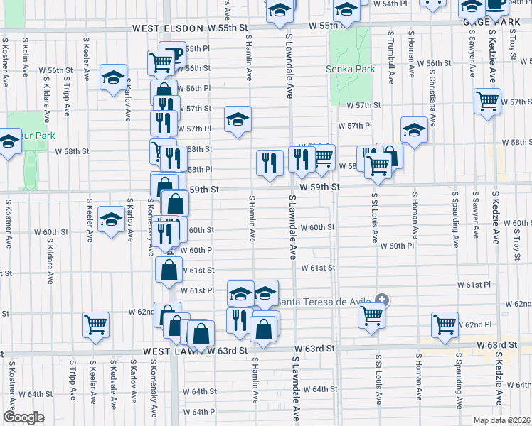 map of restaurants, bars, coffee shops, grocery stores, and more near 3732 West 59th Place in Chicago