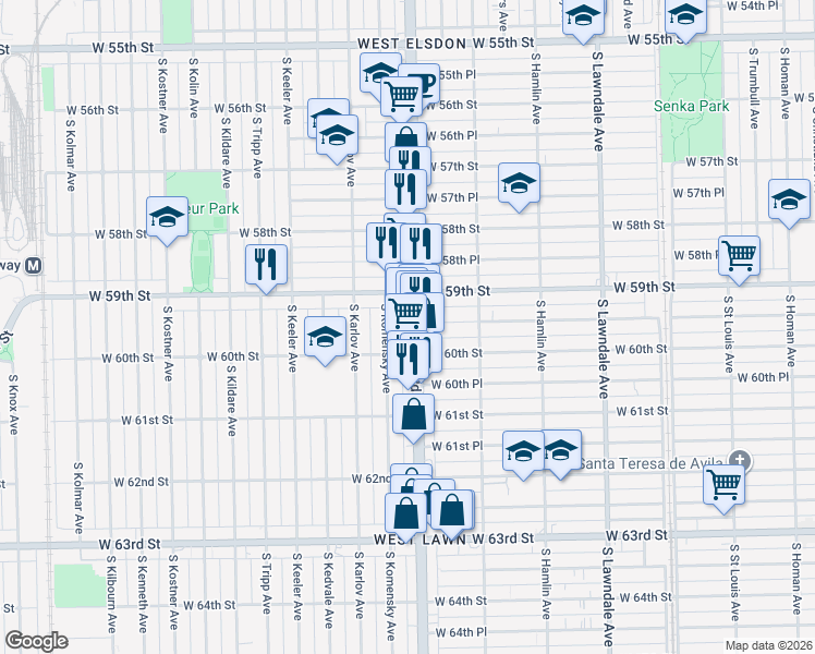 map of restaurants, bars, coffee shops, grocery stores, and more near 5914 South Pulaski Road in Chicago