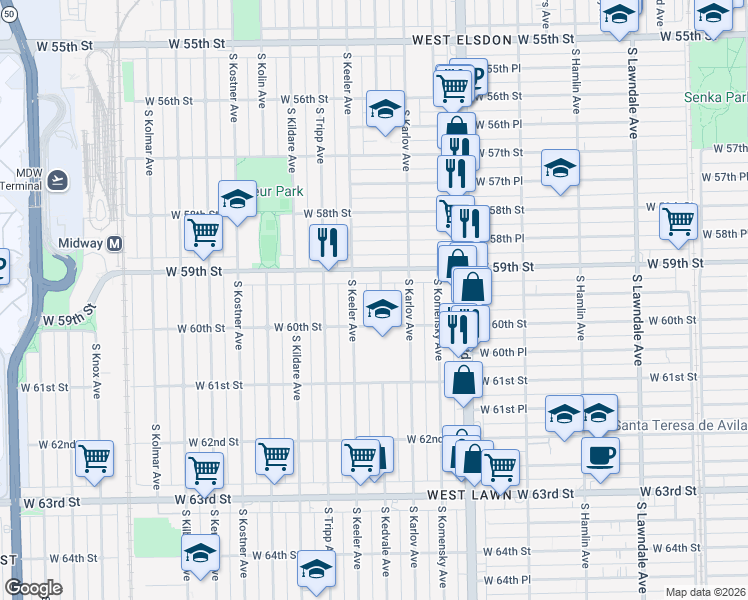map of restaurants, bars, coffee shops, grocery stores, and more near 5917 South Keeler Avenue in Chicago