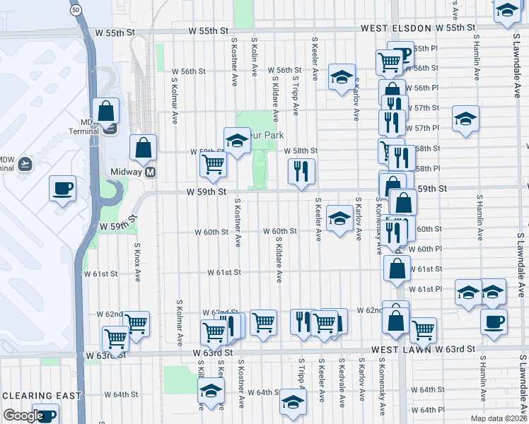 map of restaurants, bars, coffee shops, grocery stores, and more near 4301 West 59th Street in Chicago