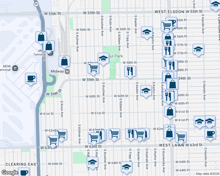 map of restaurants, bars, coffee shops, grocery stores, and more near 4343 West 59th Street in Chicago