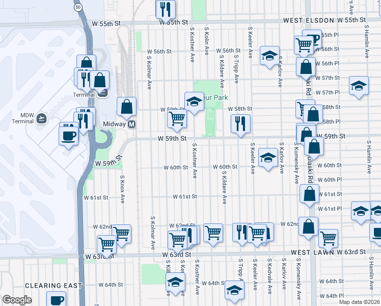 map of restaurants, bars, coffee shops, grocery stores, and more near 5911 South Kenneth Avenue in Chicago
