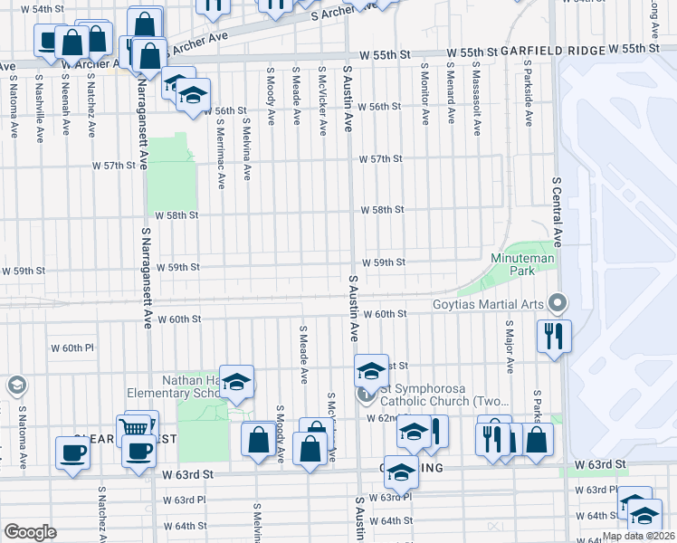 map of restaurants, bars, coffee shops, grocery stores, and more near 6014 West 59th Street in Chicago
