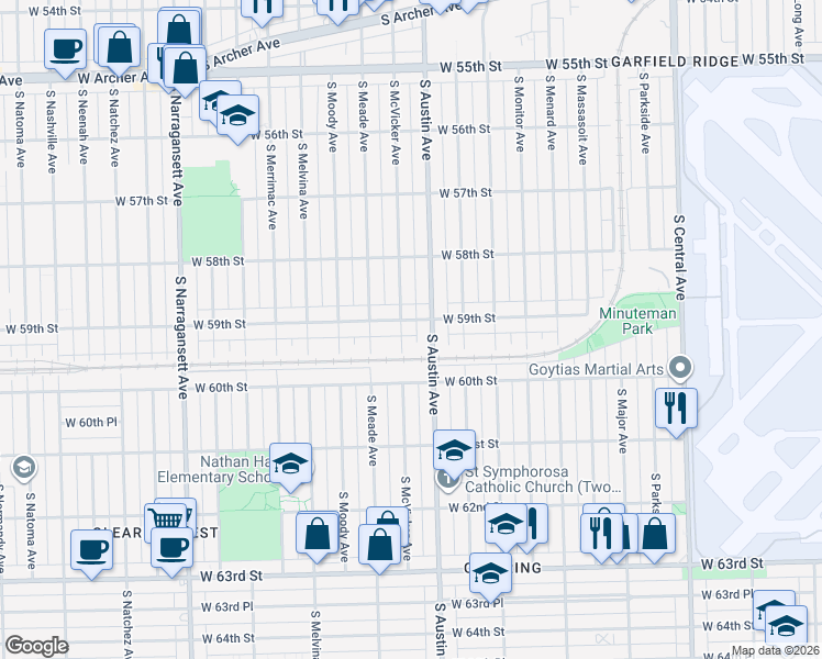 map of restaurants, bars, coffee shops, grocery stores, and more near 6014 West 59th Street in Chicago