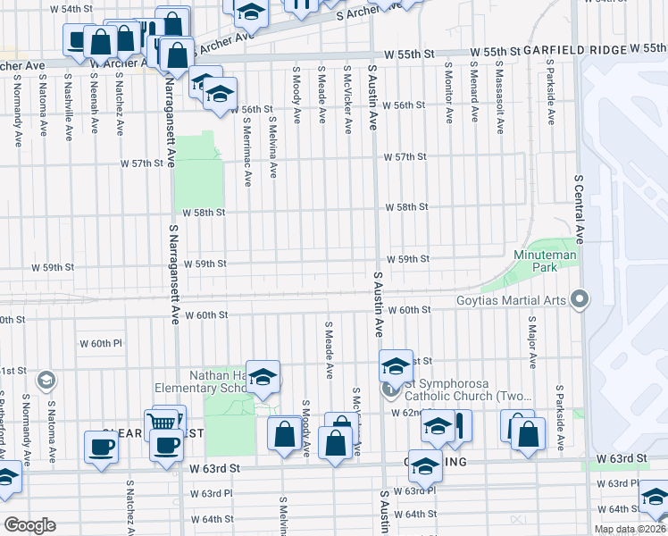 map of restaurants, bars, coffee shops, grocery stores, and more near 6056 West 59th Street in Chicago