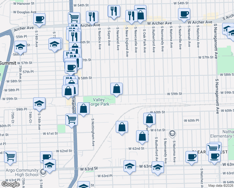 map of restaurants, bars, coffee shops, grocery stores, and more near 5837 South Newland Avenue in Chicago