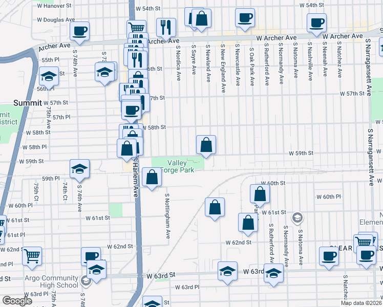 map of restaurants, bars, coffee shops, grocery stores, and more near 5836 South Sayre Avenue in Chicago