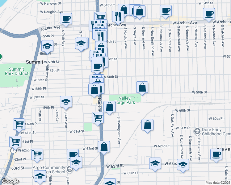 map of restaurants, bars, coffee shops, grocery stores, and more near 5835 South Neva Avenue in Chicago