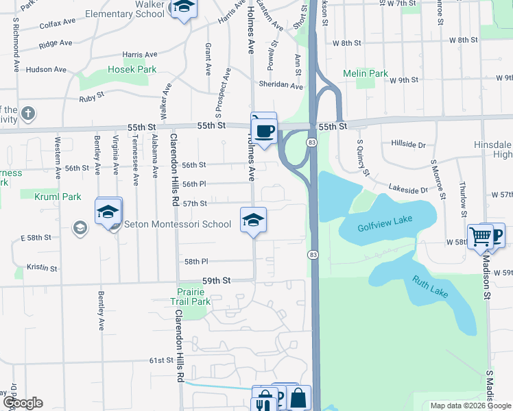map of restaurants, bars, coffee shops, grocery stores, and more near 16W608 57th Street in Clarendon Hills