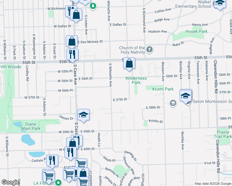 map of restaurants, bars, coffee shops, grocery stores, and more near 515 South Wilmette Avenue in Westmont