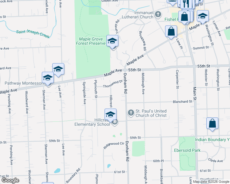 map of restaurants, bars, coffee shops, grocery stores, and more near 1429 Thornwood Drive in Downers Grove