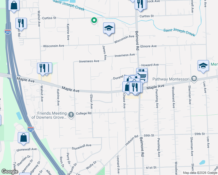 map of restaurants, bars, coffee shops, grocery stores, and more near 5528 Durand Drive in Downers Grove