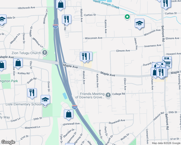 map of restaurants, bars, coffee shops, grocery stores, and more near 2600 Maple Avenue in Downers Grove