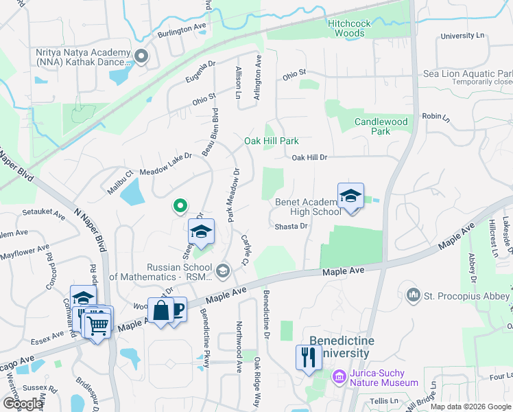 map of restaurants, bars, coffee shops, grocery stores, and more near 24W420 Arrow Court in Naperville